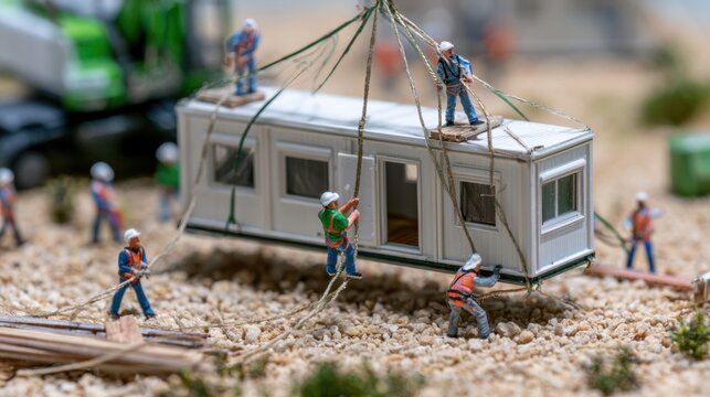 Tiny workers show teamwork as they pull a suspended module using ropes at a detailed construction site with gravel.