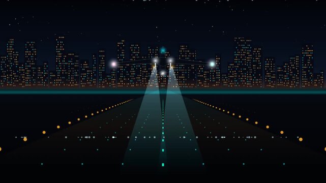 Airplane landing on airport runway at night with city skyline in background