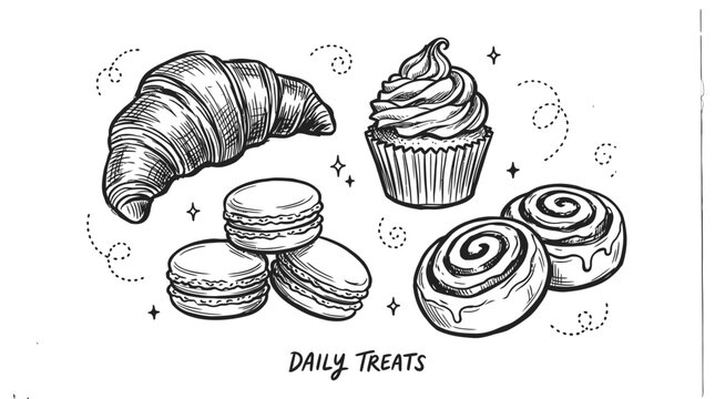 Hand drawn doodle set of sweet bakery treats including a croissant cupcake macarons and cinnamon rolls for food menu