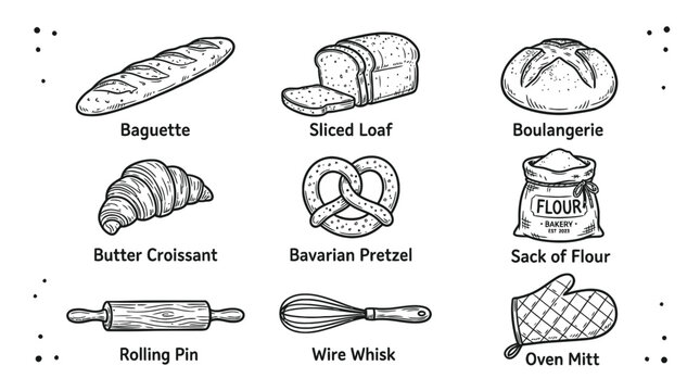 Set of hand drawn bakery items including bread baguette croissant pretzel rolling pin flour sack and kitchen tools