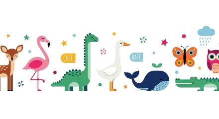 Naklejka premium Cute Cartoon Animal Collection Banner with Deer Flamingo Dinosaur Goose Whale Butterfly Crocodile and Owl on White Background