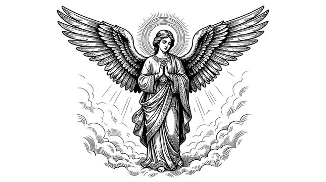 Beautiful hand drawn angel with large wings praying in the clouds illustration in vintage etching sketch style