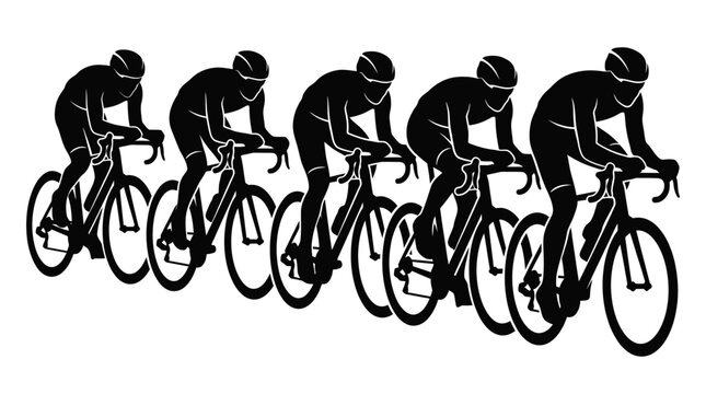 Black silhouette of professional cyclists racing on road bikes in a fast group formation for a competitive event