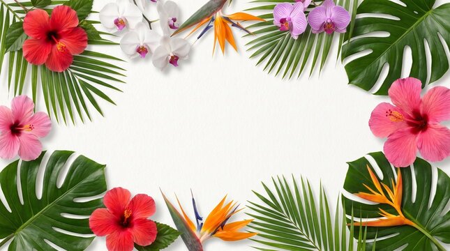 Tropical floral frame with hibiscus and monstera leaves, exotic summer border on white background, botanical composition with orchids and bird of paradise