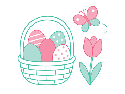 Cute Easter basket with decorated eggs, a tulip, and a butterfly