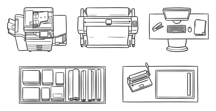 Line art illustration of office printing station equipment including multifunction printer, plotter, computer desk