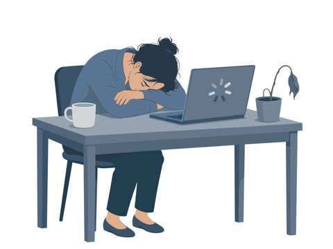 Woman sleeping at her desk with a laptop and a dead plant