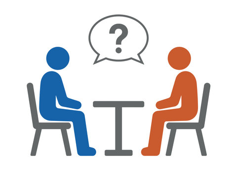 Two people sitting at a table with a question mark in a speech bubble above