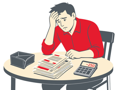 Man stressed over bills and negative balance on calculator