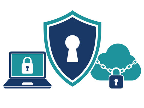 Digital security concept with shield, laptop, and locked cloud storage