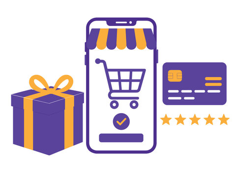 Online shopping concept with gift box, credit card, and star ratings