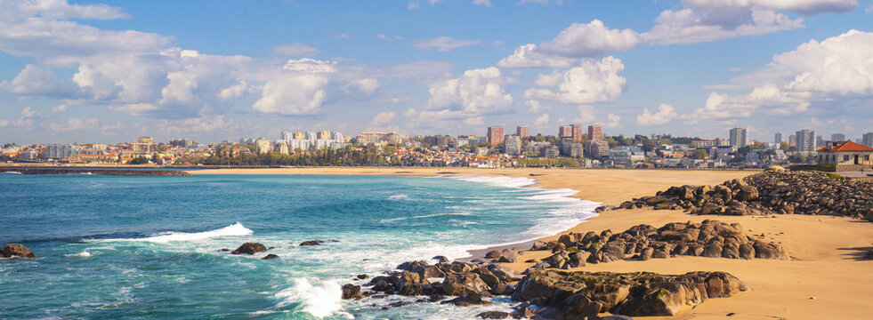 Beautiful bay on a sunny day. Douro Cabedelo Beach. View of Porto city, Portugal, Europe