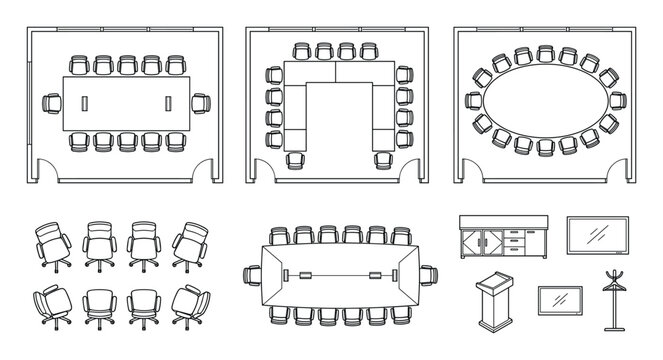 Line art vector set of boardroom and conference room layouts, tables, chairs, podium