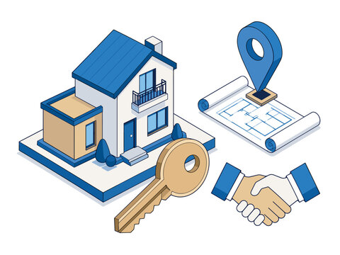 Real estate transaction concept with house, key, blueprint, and handshake