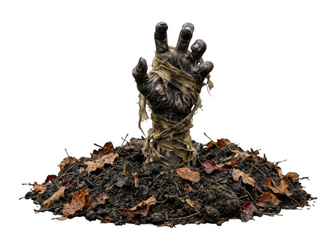 A wrapped mummy hand rising from an autumnal leaf pile, isolated on transparent background. Ideal for haunted house.