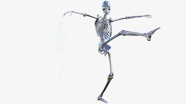 Metallic human skeleton model performing dancing pose against a plain light background anatomy medical chrome science
