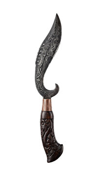 Hyper-realistic 3D render of a traditional Sundanese Kujang weapon featuring a Damascus steel patterned blade and intricate carved wooden handle, isolated on transparent background