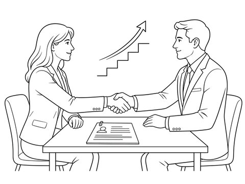 Business professionals shaking hands over a table with a resume and growth chart