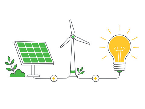 Renewable energy sources powering a bright idea light bulb concept