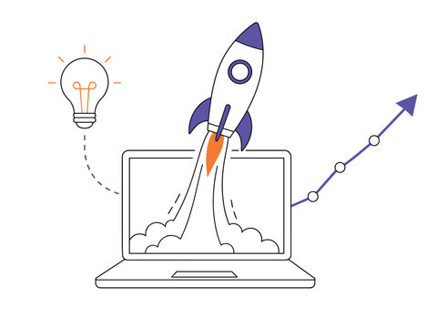 Business startup concept with rocket launching from laptop and growth chart