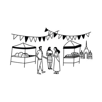 Hand drawn illustration of people socializing at a local cultural street food market festival