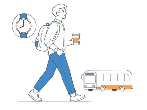 Man with backpack and coffee walks towards bus, checking his watch