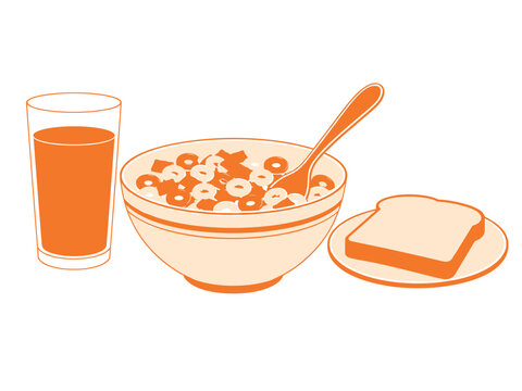 Healthy breakfast with cereal, toast, and orange juice on a white background