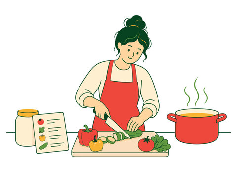 Woman in red apron preparing fresh vegetables for cooking a healthy meal