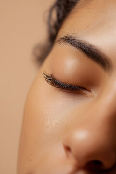 Close-up of a woman's closed eye showing long lashes and smooth flawless skin. Beauty portrait, makeup, skincare, wellness, natural cosmetics, grooming, self-care, confidence, minimalism.