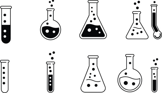 Collection of black and white laboratory equipment featuring test tubes, erlenmeyer flasks, and round flasks