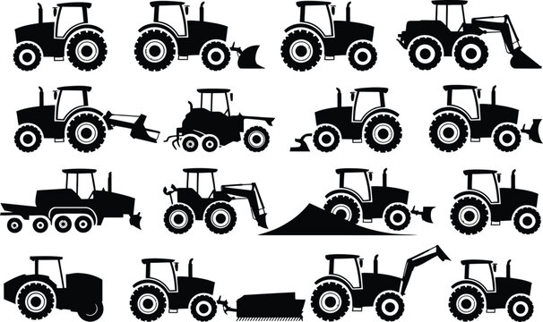 Tractor Vector Silhouette Set Featuring Farm Tractor Loader Excavator Plow Agriculture Construction And Heavy Machinery Collection