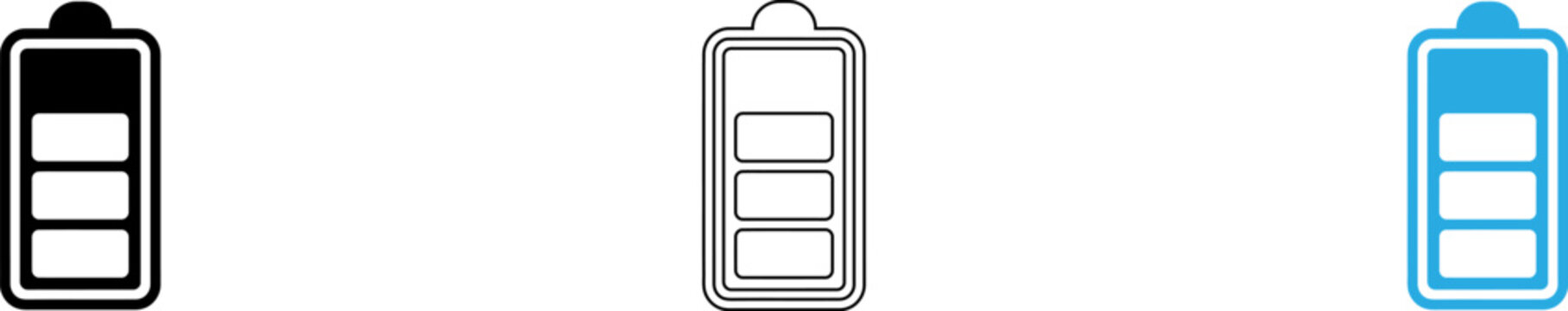 Three battery icons showing different charge levels in a clean design isolated on transparent background, Vector