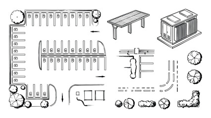 Electric vehicle charging plaza diagram showing station layout, solar carport, utility box © MonoShape