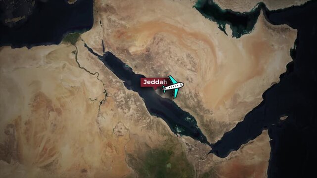 Flight Path Animation from Jeddah to Kuala Lumpur on Satellite Map