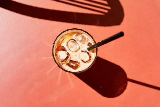 Top view of cold iced espresso tonic