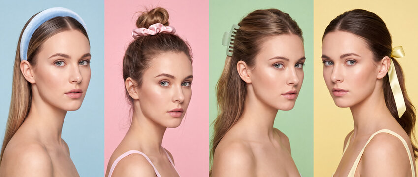 Young woman showcasing various styling options with multiple hair accessories on a vibrant four panel pastel background