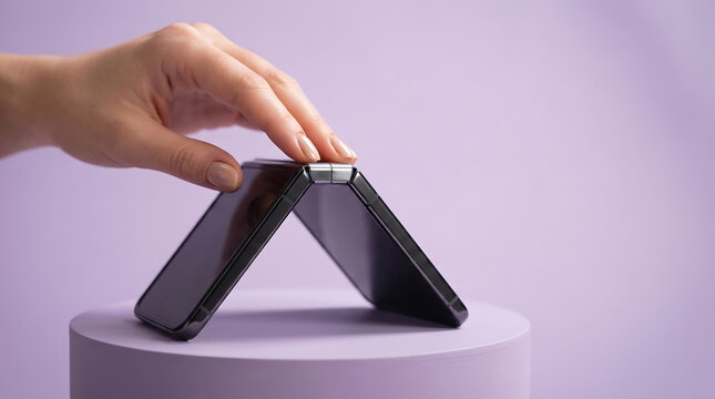 Female hand gently closes a black foldable smartphone on a white pedestal, showcasing modern technology and sleek design with soft lighting.