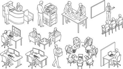 Fototapeta premium Isometric Office Workplace Outline Vector Collection with Business People Meeting and Workspace Scenes