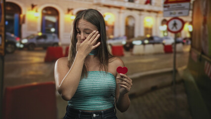 Fototapeta premium Young woman rubs eye with knuckle while holding a red heart on a city street at night; heartbreak sadness.