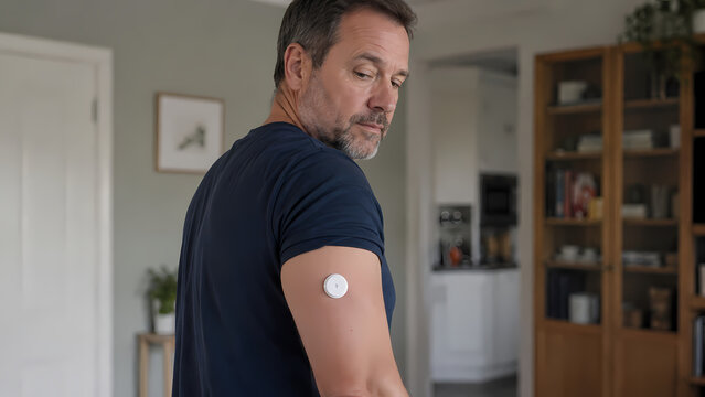man with glucose monitor on his arm