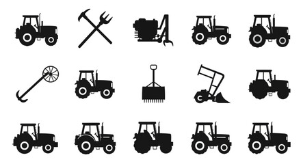 Tractor and farm equipment icons in black silhouette on white background with collection black silhouettes tractors tractors tools construction © Asim