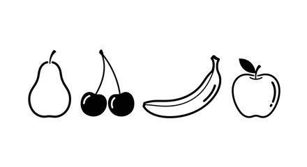 Simple line drawing of various fruits with apple white background minimalist black line drawing pear cherries cherries banana line art illustration © Asim