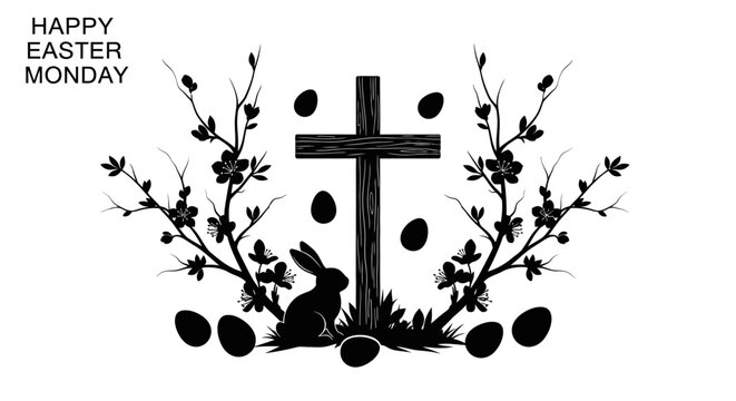 Easter monday celebration with cross bunny with flowering branches simple black silhouette monday scene with depicts serene easter