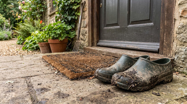 Garden clogs covered in mud and leaves, sitting on doormat outside a stone cottage backdoor after working outdoors