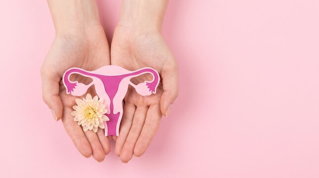 Female reproductive system paper cutout held in hands, pink uterus anatomy with flower, women health and gynecology medical concept