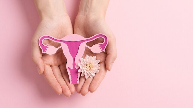 Female reproductive system paper cutout in hands, pink uterus anatomy with flower for women health awareness, gynecology and fertility concept