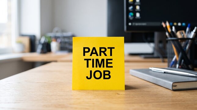 Part time job text on yellow sticky note, employment opportunity concept on office desk, career search and hiring message in modern workspace