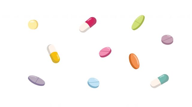 Colorful medical pills and capsules rotating loop animation, floating medicine pattern background