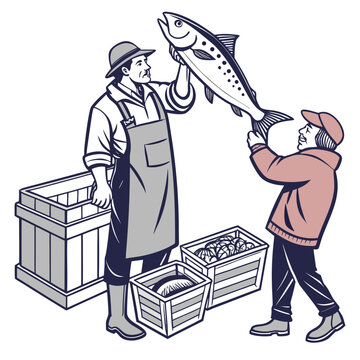 Fisherman presenting large fish to customer at fish market stall with fisherman