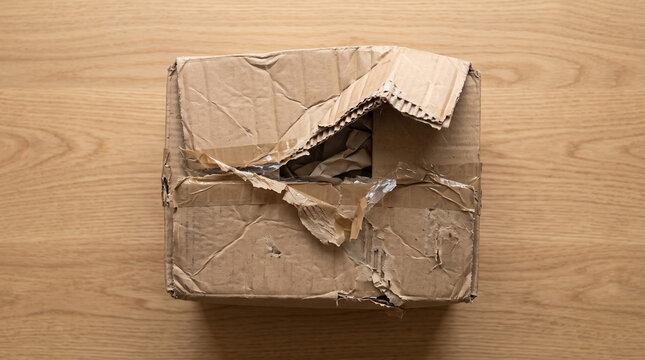 Damaged cardboard box showing crushed packaging and shipping error representing disappointment and delivery issues